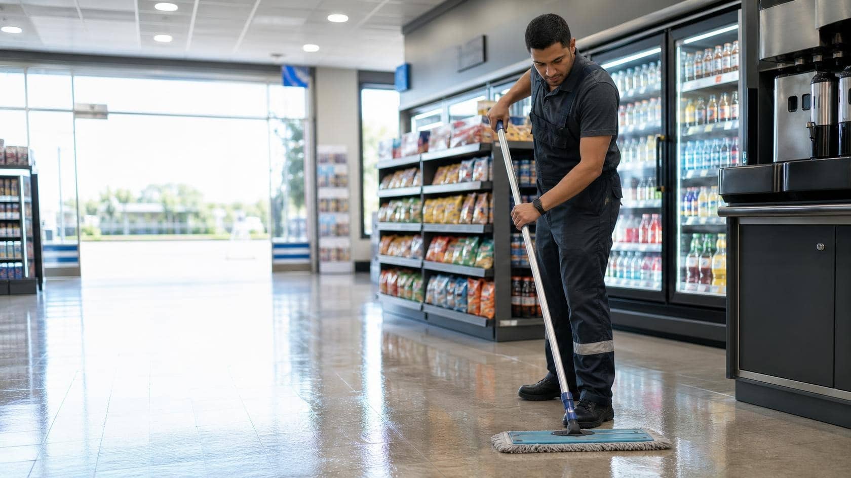 A cleaner mopping the retail floor of a petrol station convenience store