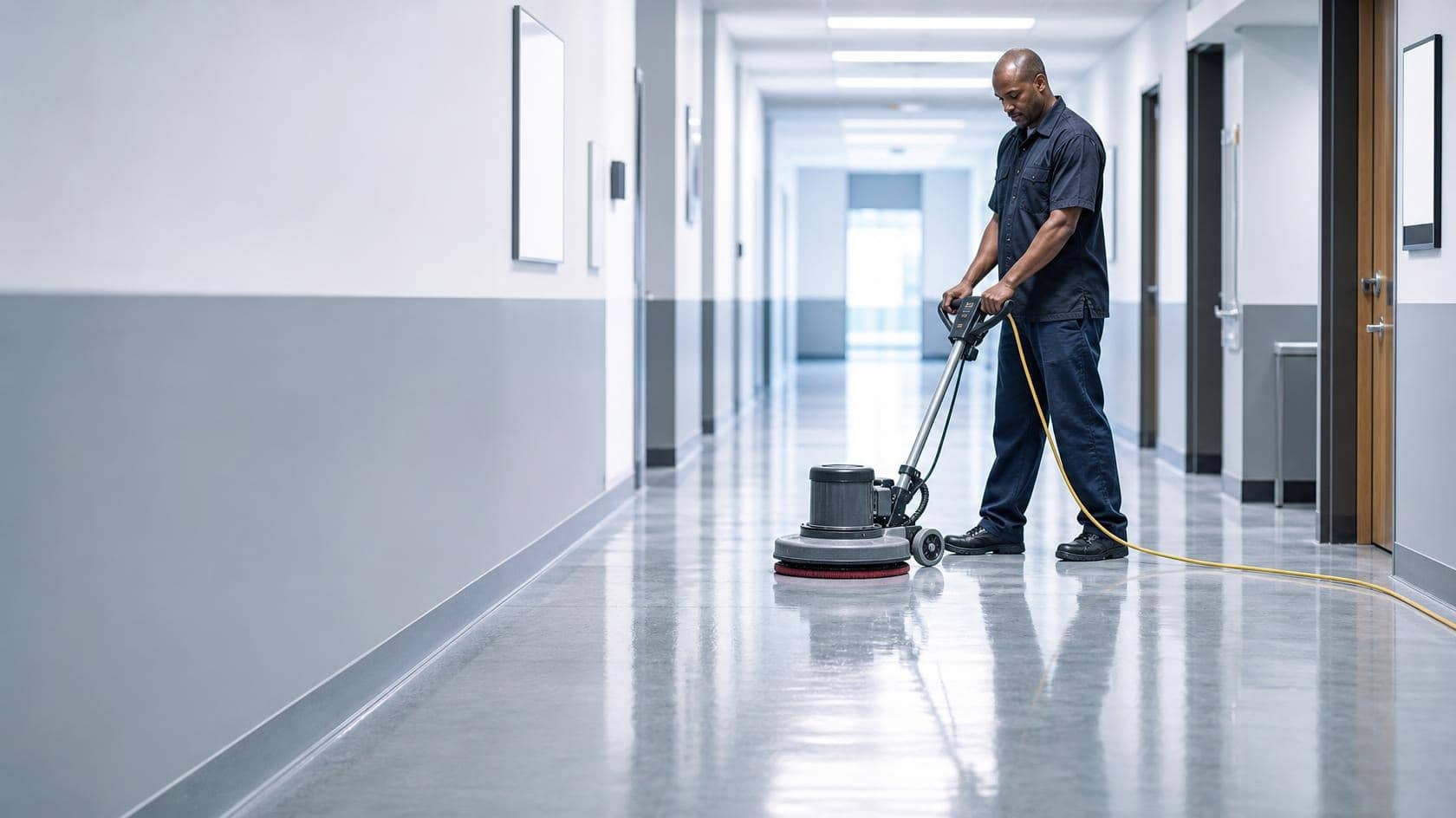 A cleaner operating a rotary floor polisher along a vinyl commercial corridor