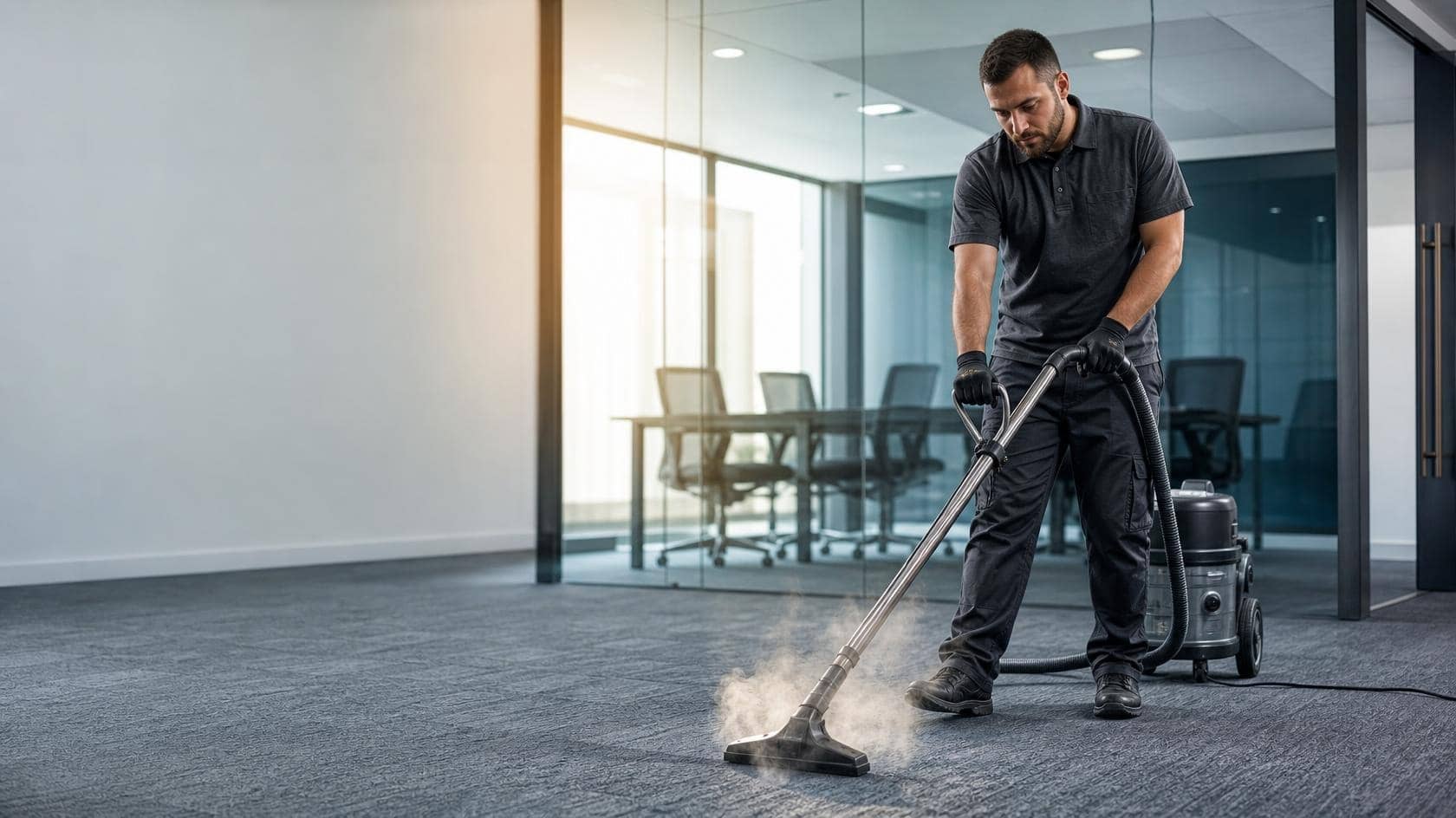 A cleaner running a commercial steam cleaner across carpet tile in a meeting room