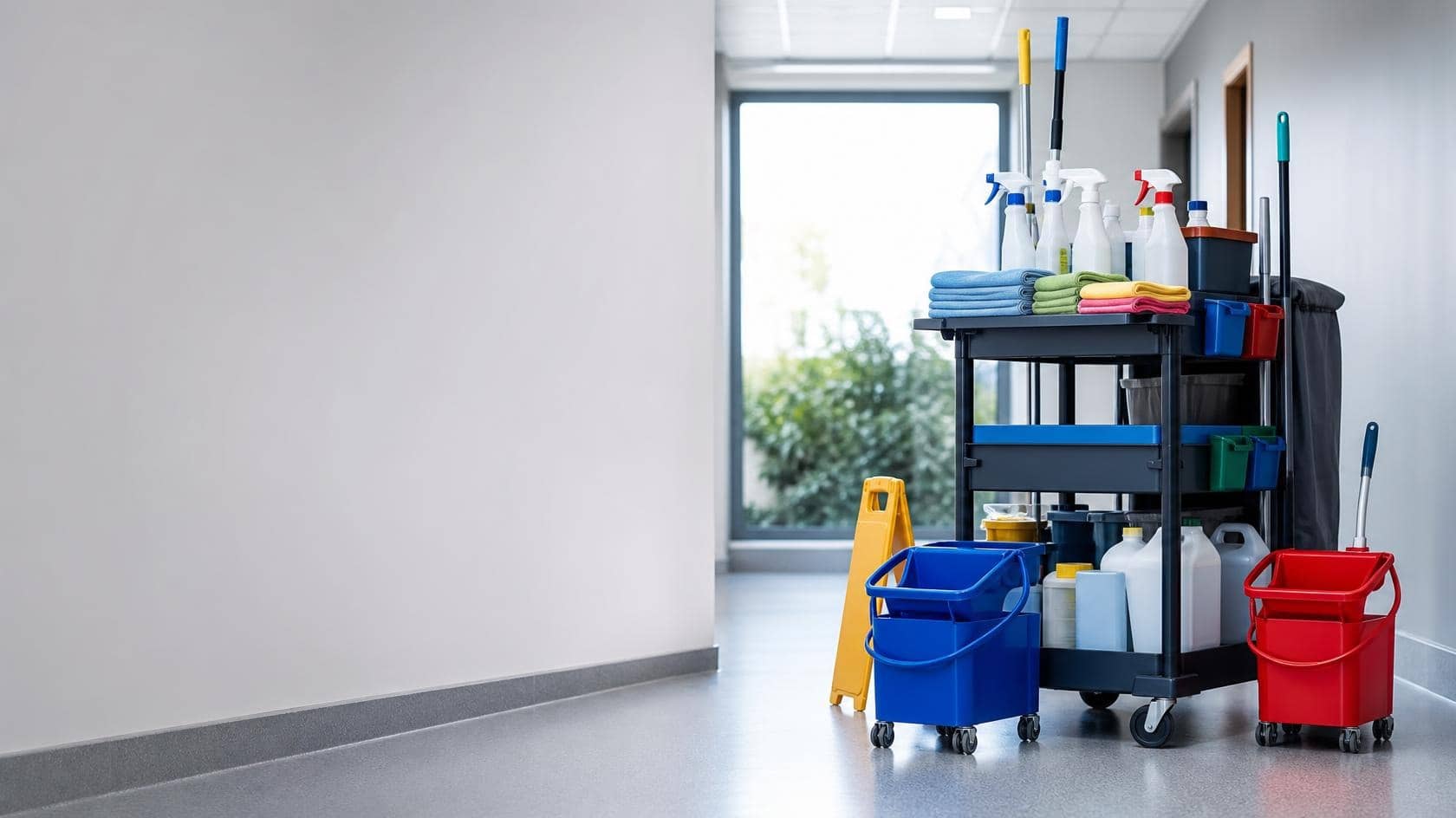 Colour-coded commercial cleaning equipment staged and organised in a service corridor before a shift