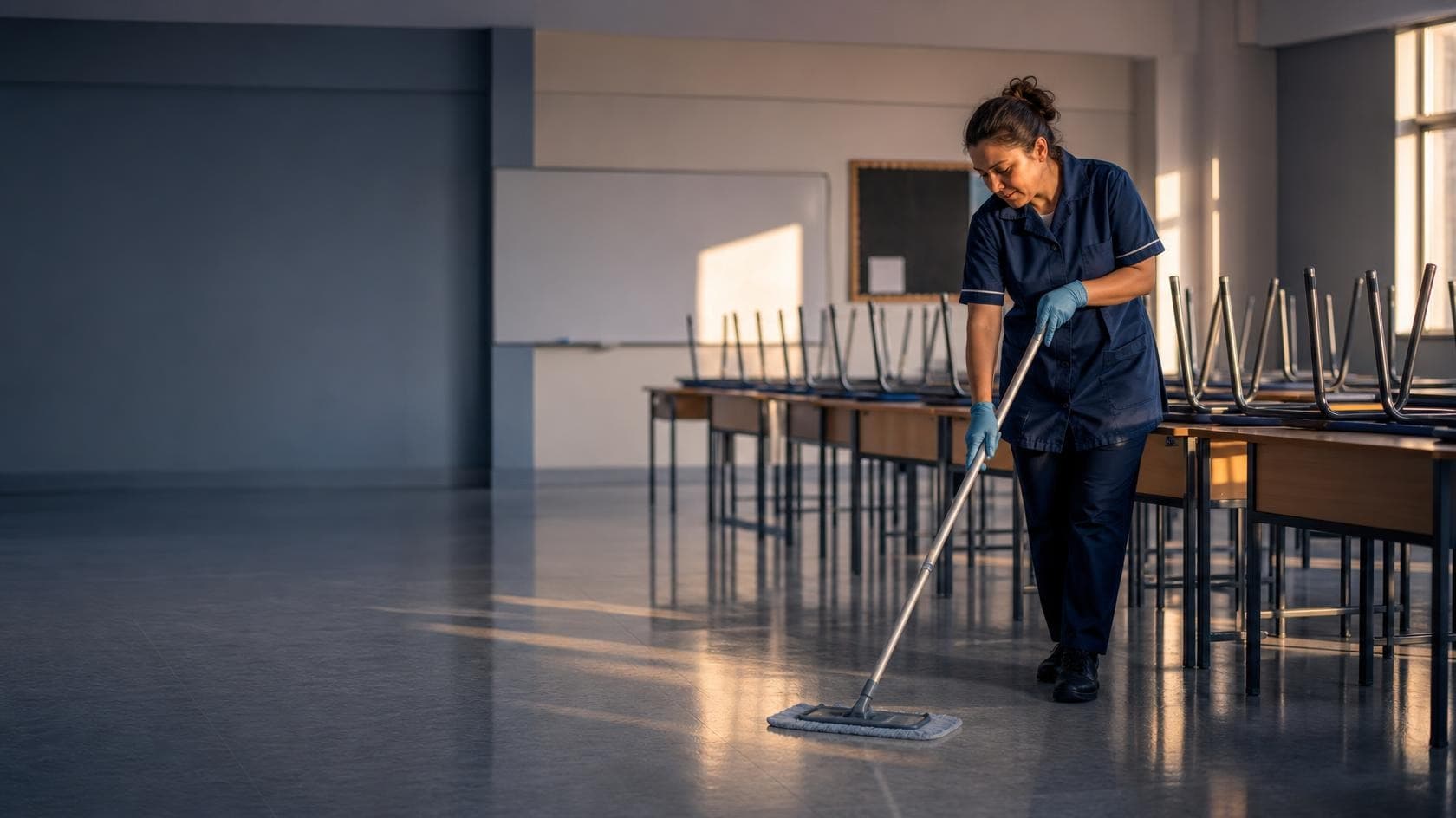 A cleaner tidying a classroom with chairs stacked, after-hours light through windows