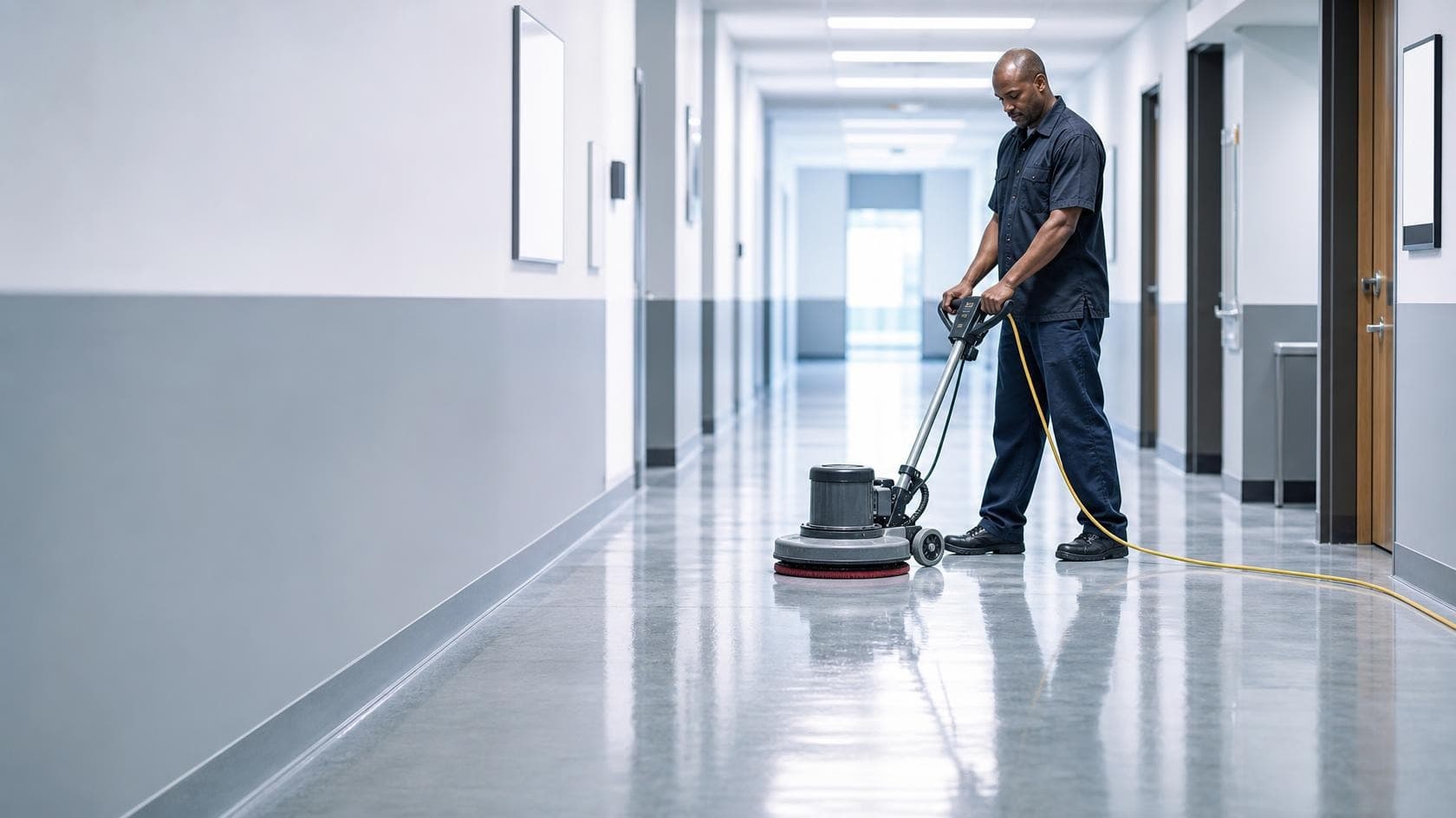 A cleaner operating a rotary floor polisher along a vinyl commercial corridor