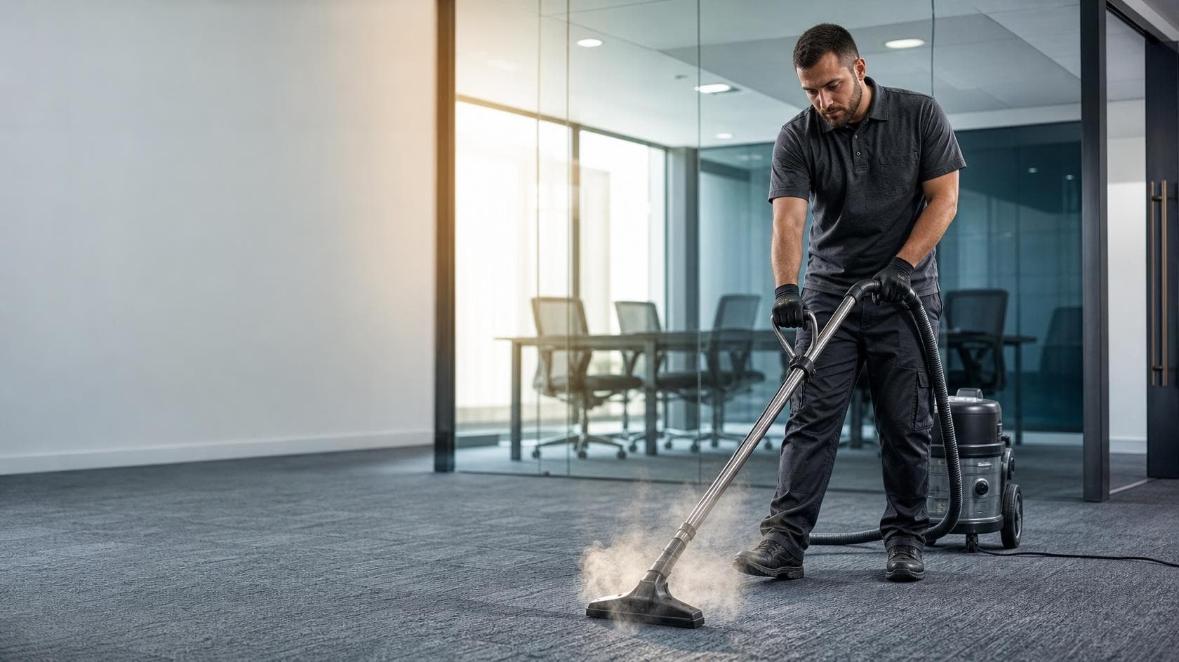 A cleaner running a commercial steam cleaner across carpet tile in a meeting room