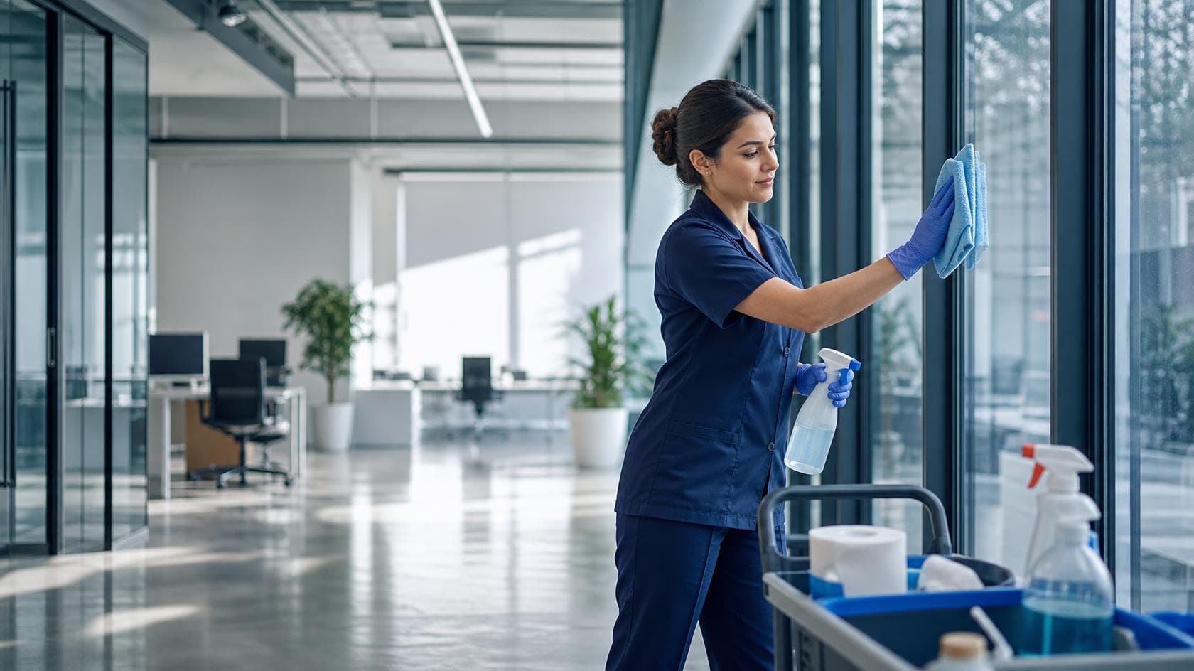 A Magic Hands cleaner reviewing a checklist in a bright commercial workplace