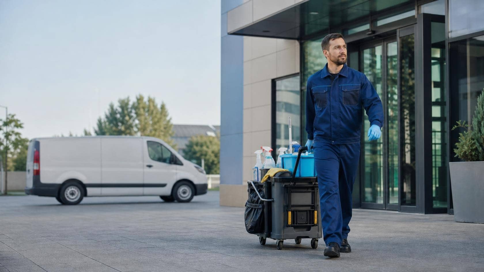 A Magic Hands cleaner arriving at a commercial site with cleaning equipment