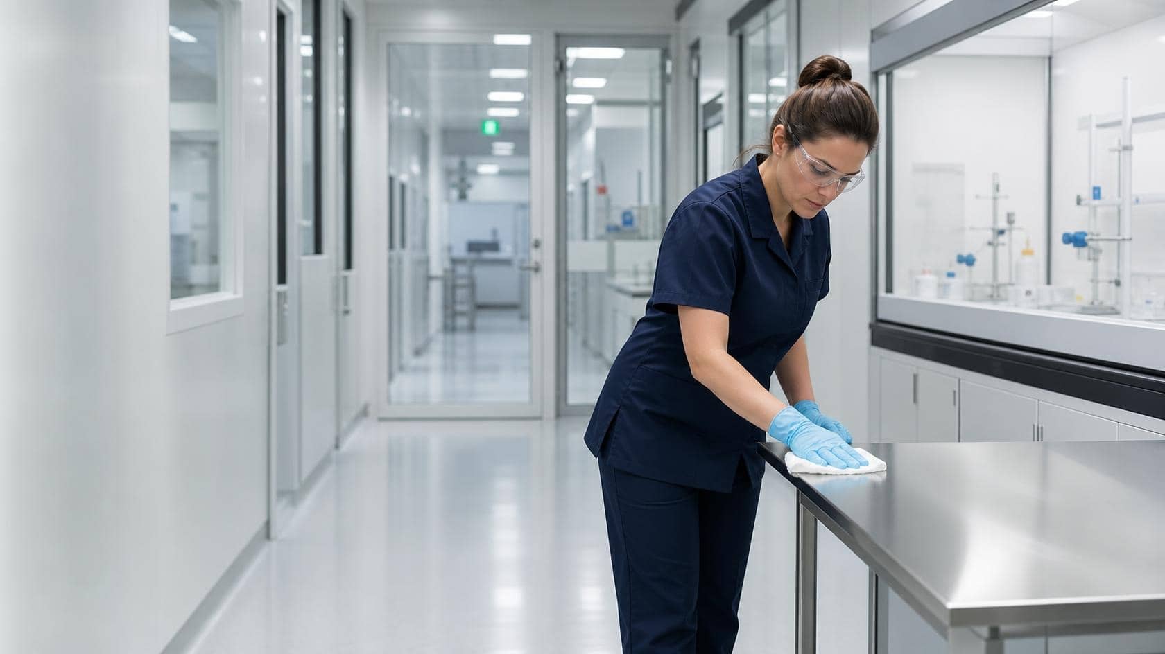 A cleaner wiping down a bench edge in a controlled laboratory corridor