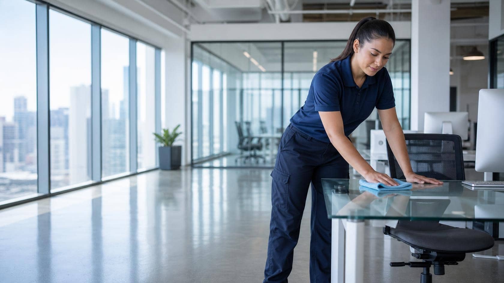 A cleaner wiping down a workstation in a bright modern open-plan office