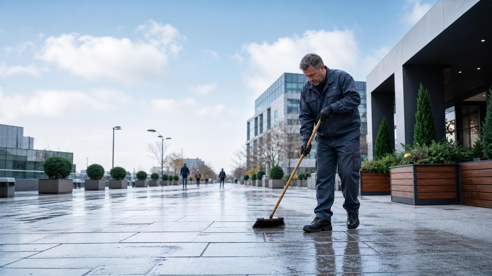 A cleaner sweeping a walkway through a busy public plaza