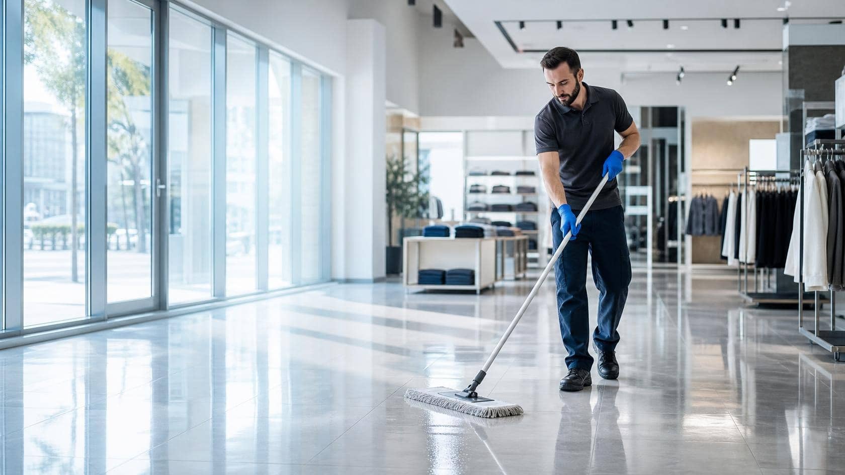 A cleaner mopping a bright retail storefront floor before opening hours