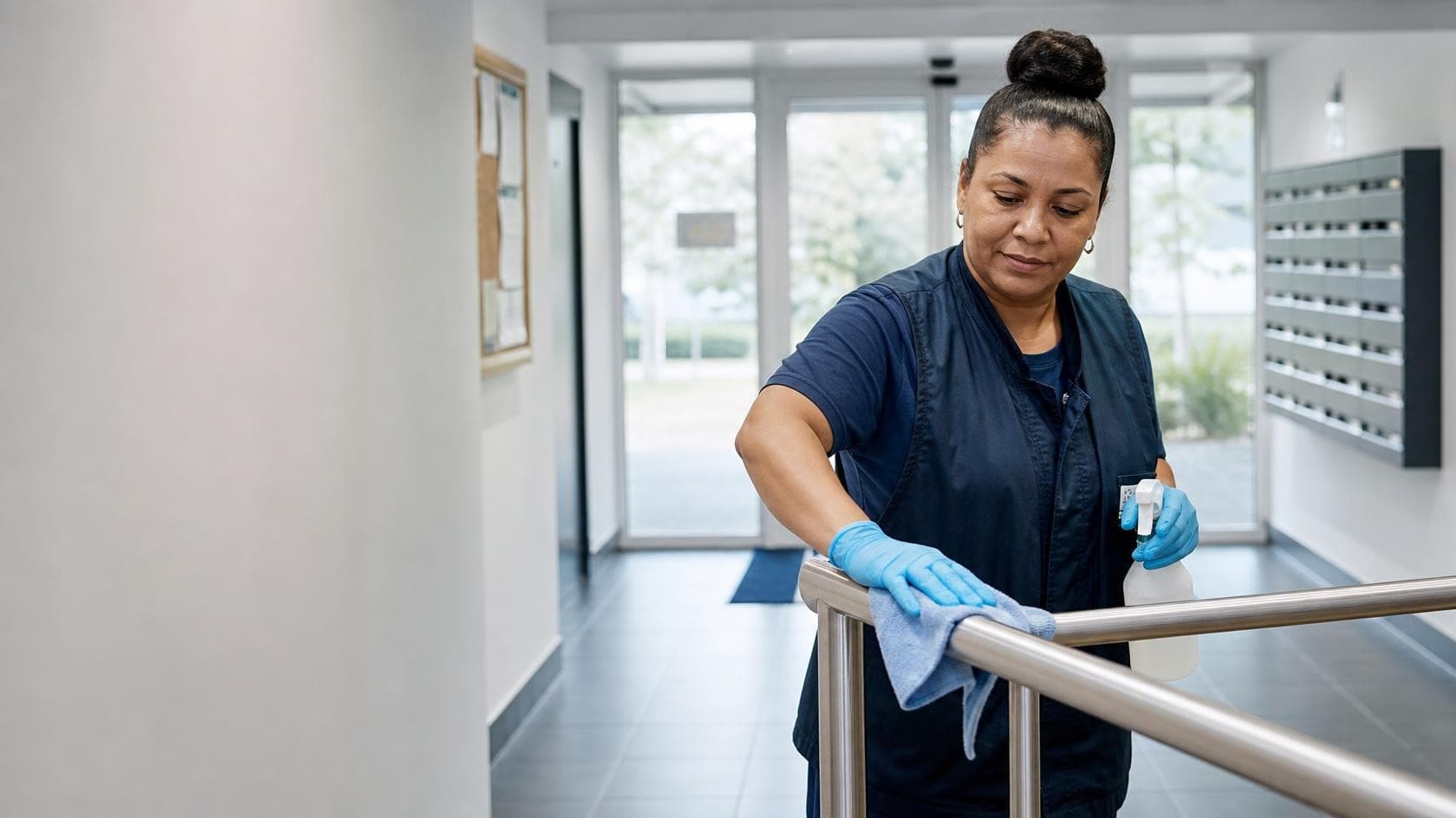 A cleaner wiping down a handrail in a social housing building entrance