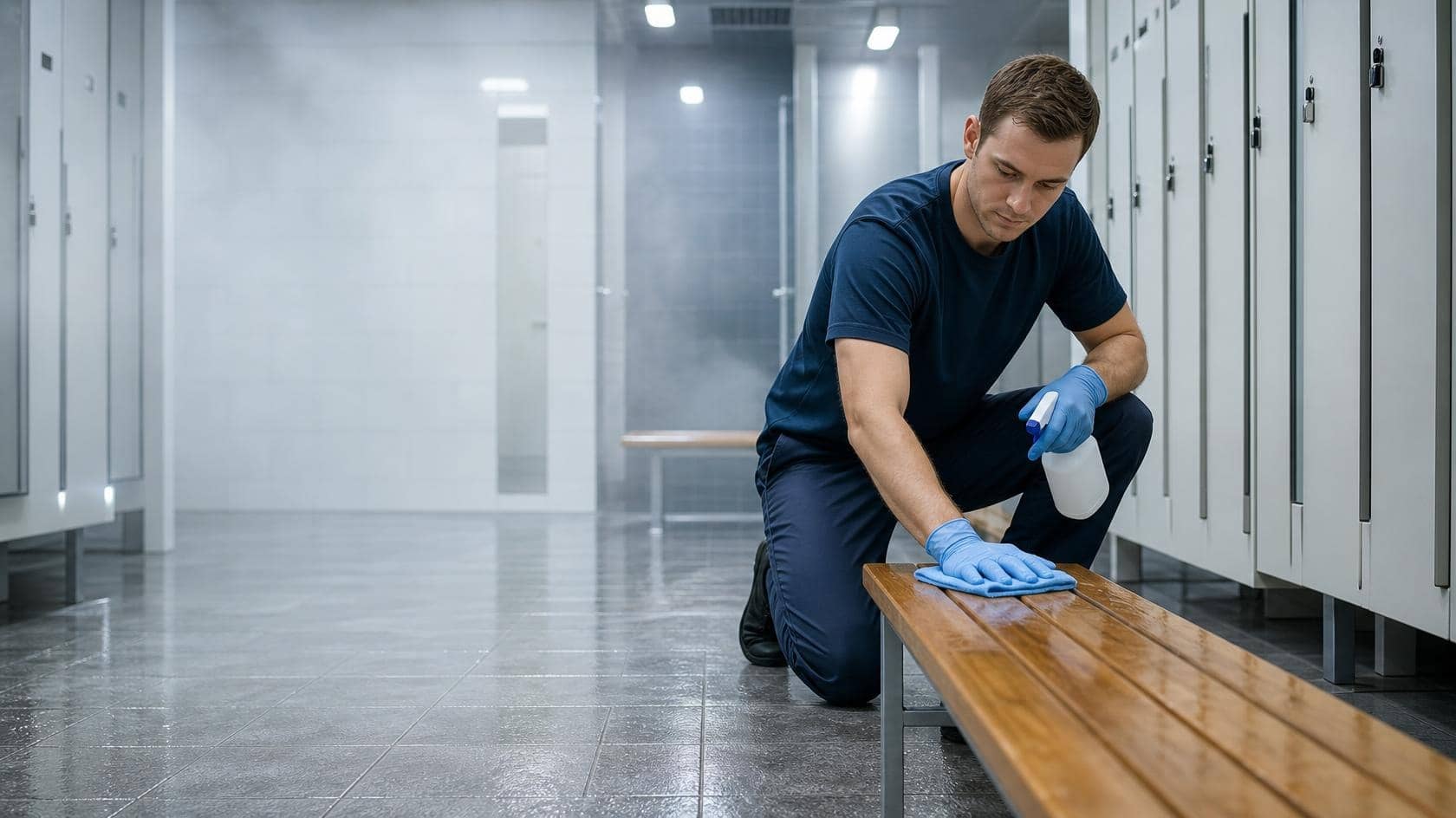 A cleaner wiping down benches in a sporting facility change room