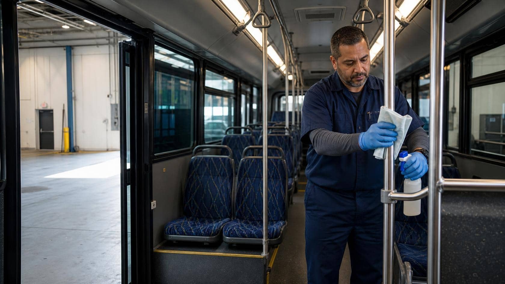 A cleaner wiping down handrails inside a bus during a scheduled turnaround