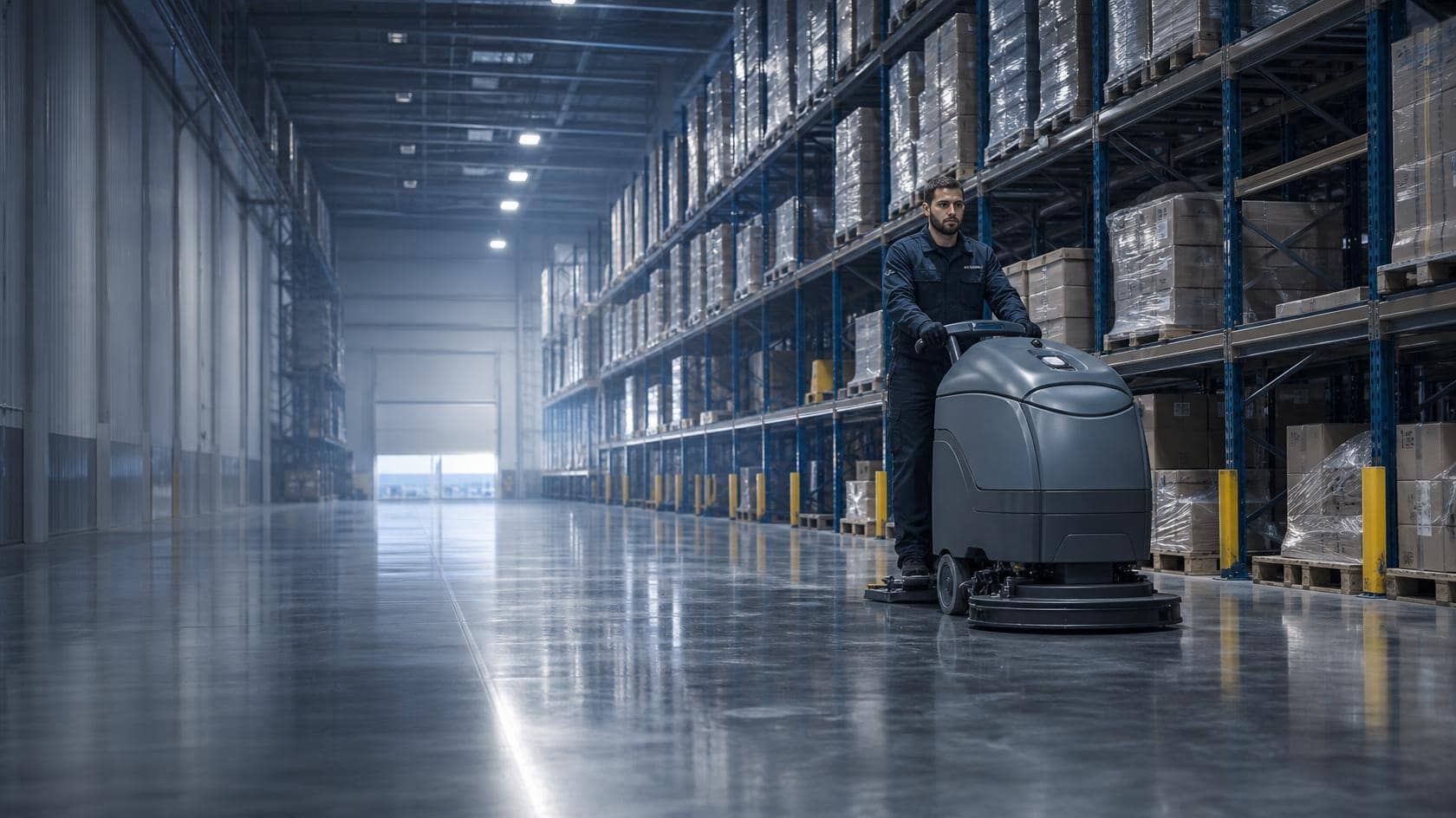 A cleaner operating a floor scrubber down a warehouse aisle between racking