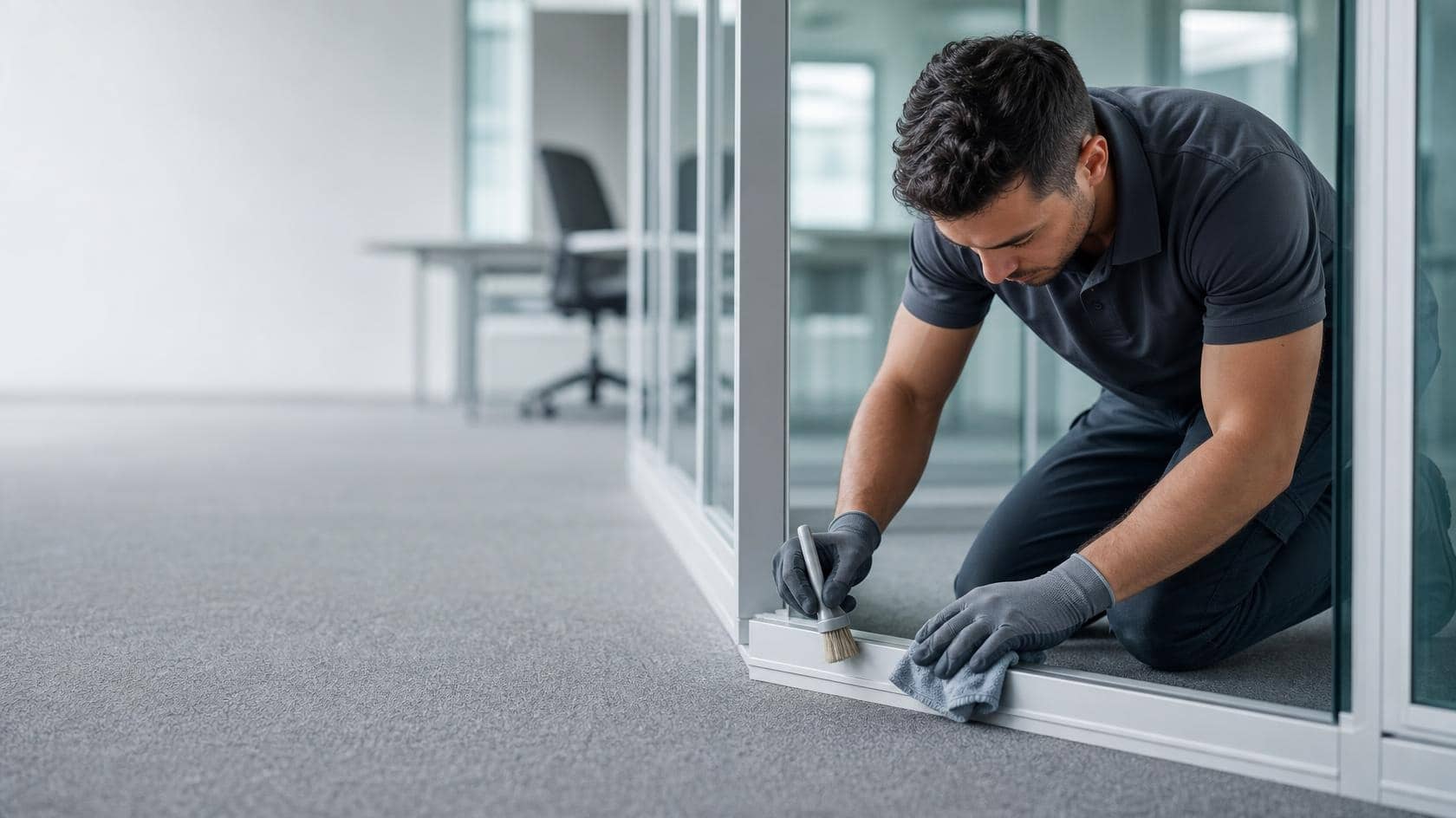 A cleaner detail-cleaning skirting and partition bases in an empty open-plan office