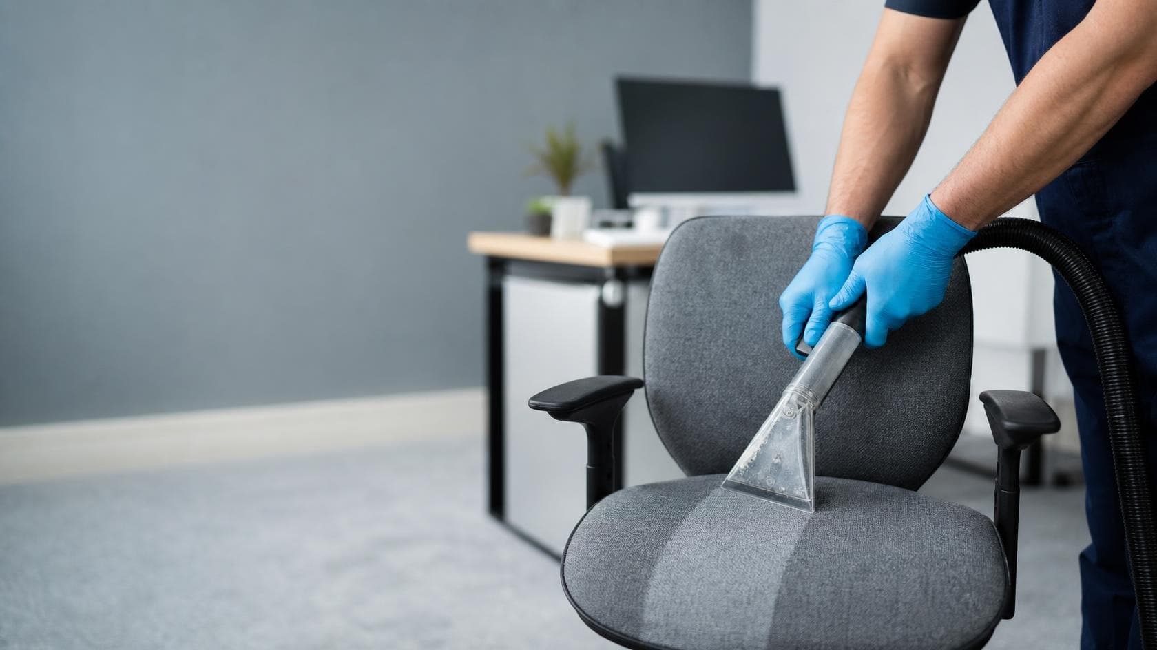 A cleaner using an upholstery extraction tool on a fabric office chair