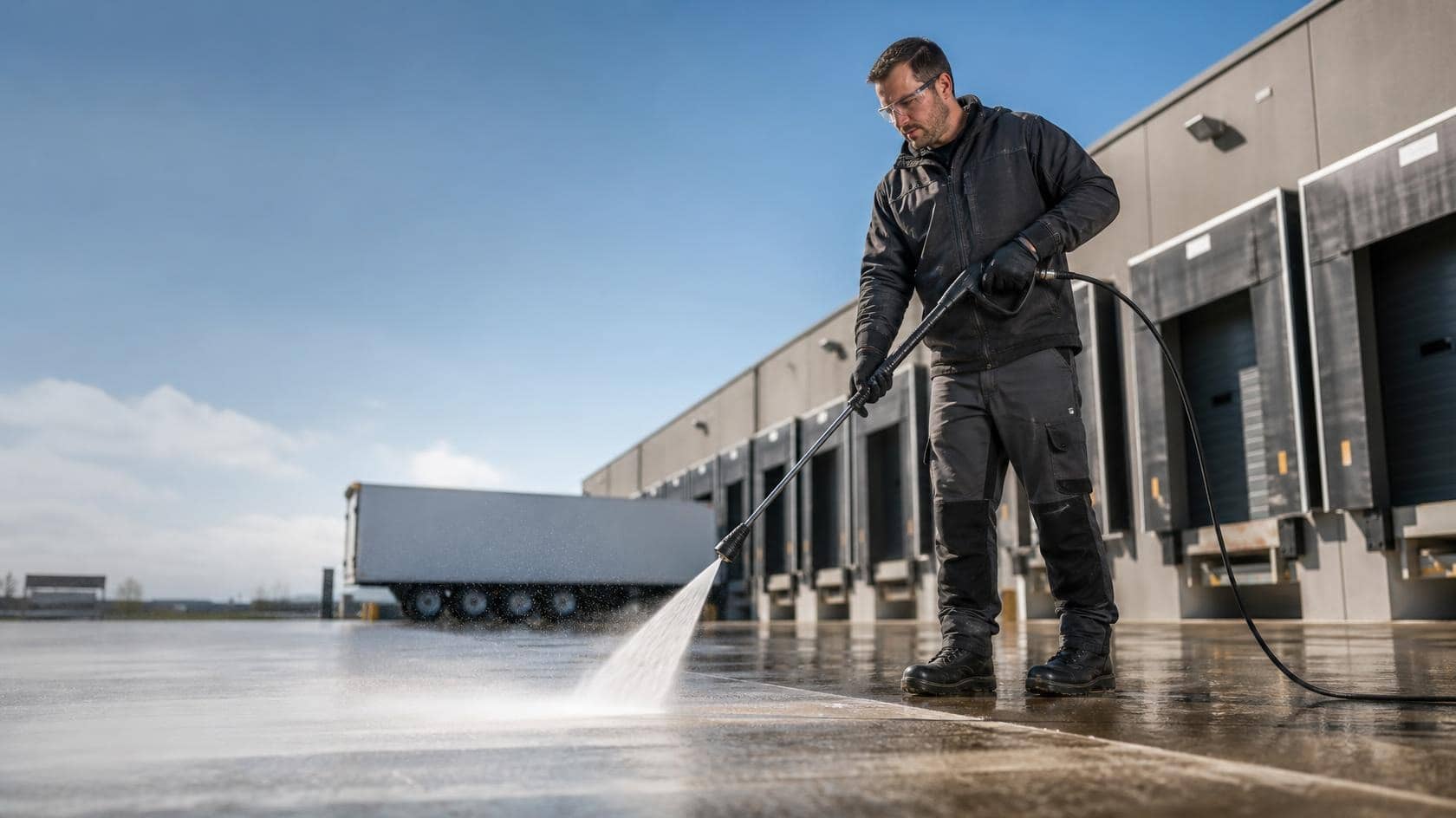 A cleaner high-pressure washing the concrete apron of a warehouse loading dock