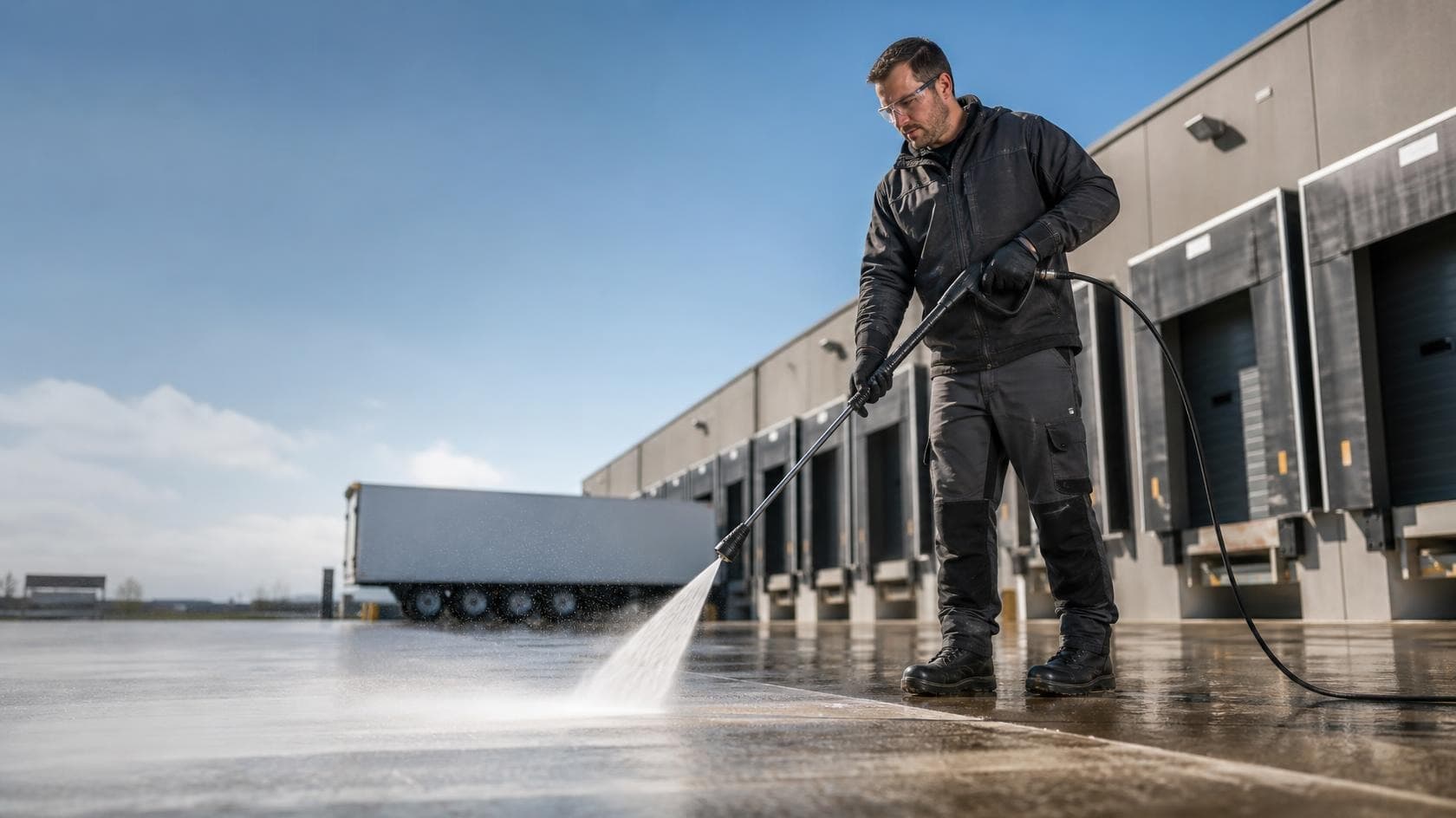 A cleaner high-pressure washing the concrete apron of a warehouse loading dock