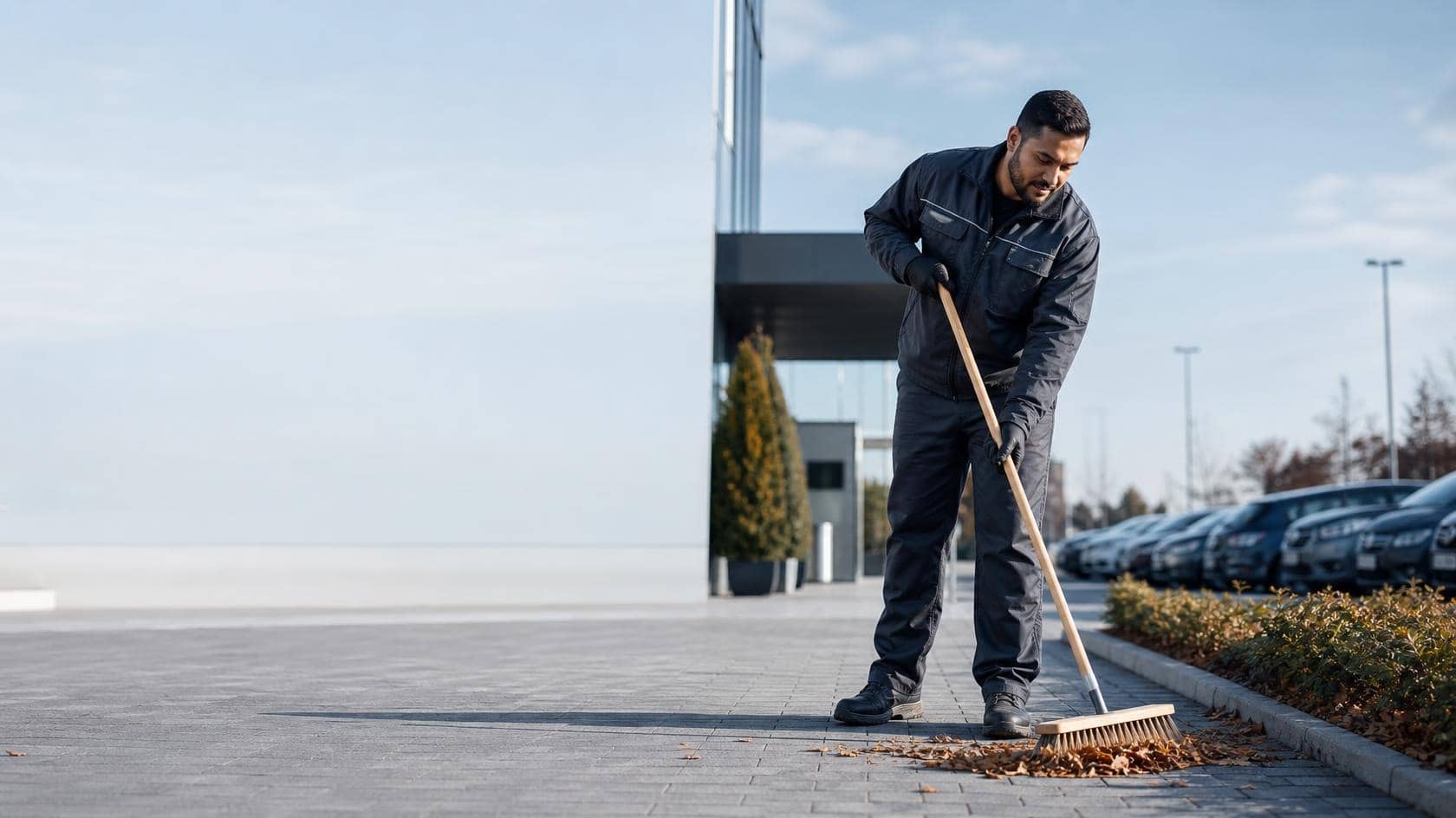A cleaner sweeping a paved walkway beside a commercial car park