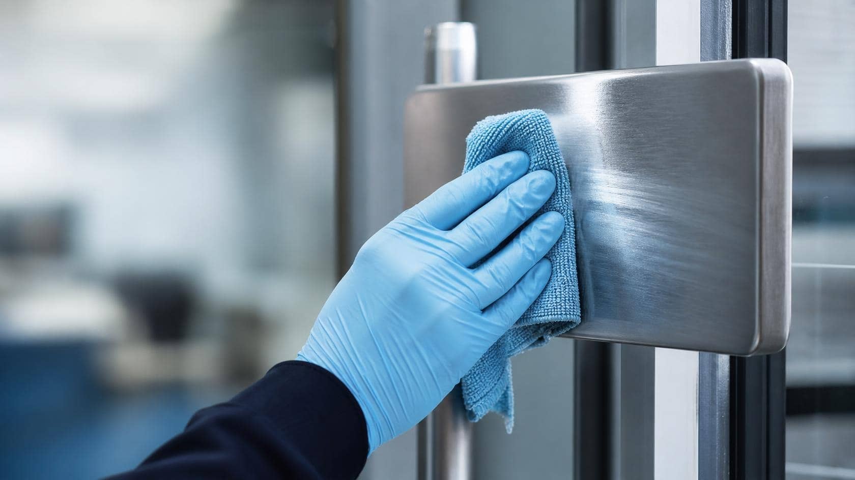 A gloved hand wiping a stainless steel door push-plate with a microfibre cloth