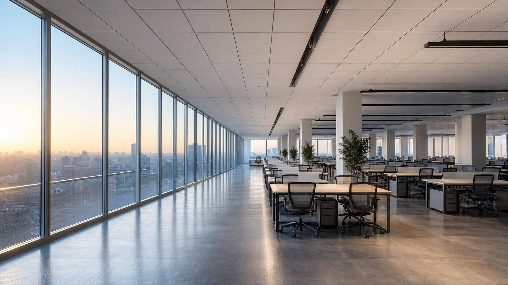 A freshly serviced open-plan office at first light, desks aligned and floors evenly clean